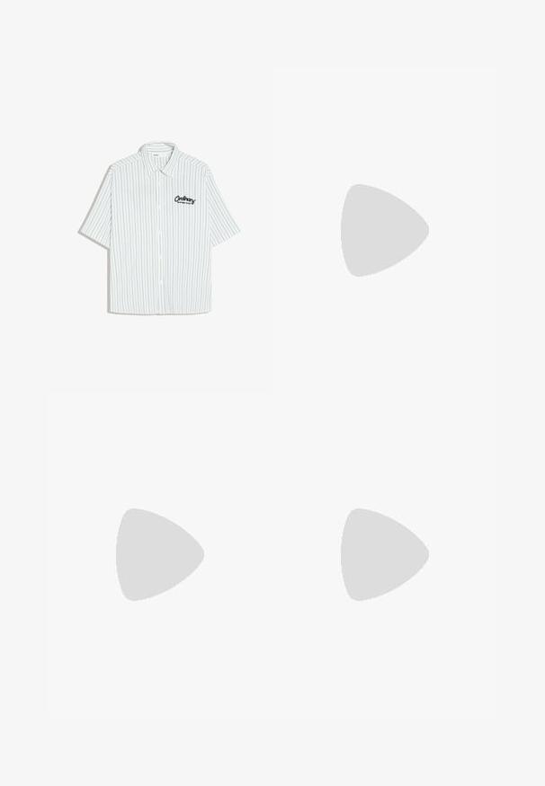 Chemise blanche à manches courtes avec boutons, fines rayures verticales bleues et texte noir indiquant "Ordinary Matters Club" sur la poitrine gauche.; Shorts en denim bleu clair avec une coupe droite, cinq poches, passants de ceinture et une finition délavée. Fabriqués en tissu coton durable.; Chaussures en cuir avec un corps vert foncé, un dessus bordeaux, un bout rond, un rabat sécurisé et une semelle en caoutchouc texturée avec des rainures.; Lunettes de soleil Ray-Ban avec des verres verts, monture en plastique noir et accents dorés sur les bords. Forme carrée avec une finition mate.