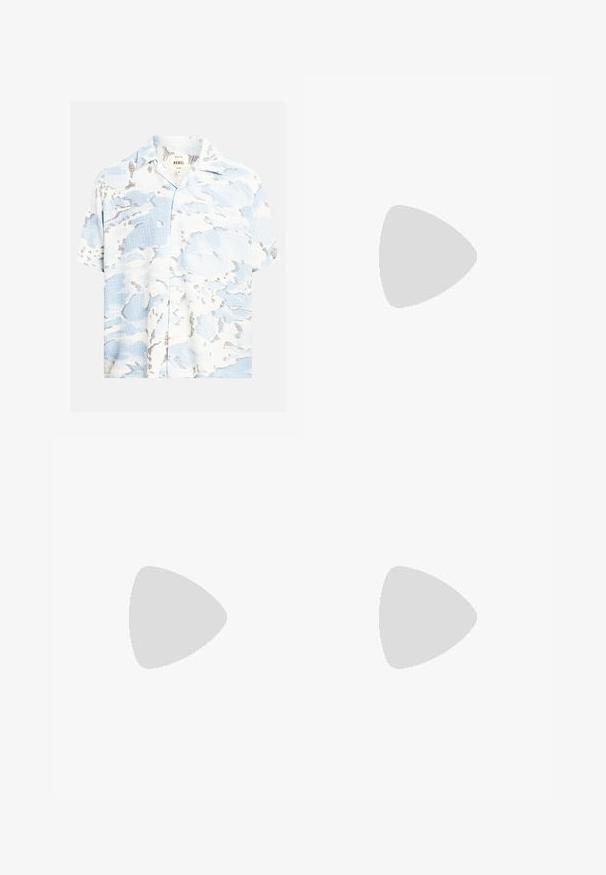 Camisa de manga corta con botones, con patrones abstractos en tonos azul claro, blanco y gris que recuerdan a nubes, sobre tela texturizada.; Pantalones cortos de mezclilla azul claro con un sutil patrón floral, cinturilla elástica y corte recto. Sin bolsillos visibles.; Zapatilla Adidas Gazelle azul y blanca con suela de goma y tres franjas blancas, vista desde un lado sobre un fondo blanco.; Gafas de sol de plástico blanco con lentes grises, junto a un estuche de tela negra que presenta un logotipo en letras en negrita de "URBAN CLASSICS" en blanco.