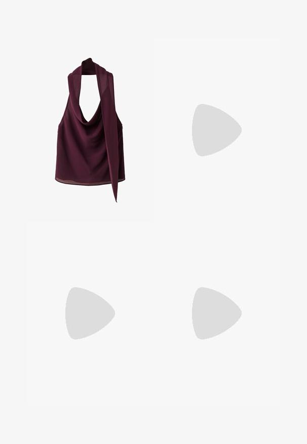 Sleeveless dark purple chiffon top with draped cowl neckline and long attached scarf detail.; Purple wide-leg trousers made from smooth fabric, featuring a tailored waistband and two front pleats for added structure.; Glossy dark red pointed-toe slingback high heel shoe with a slim adjustable strap and tapered stiletto heel on white background.; Dark brown leather shoulder bag with a soft, slouchy shape and a twisted knot handle on a plain white background.