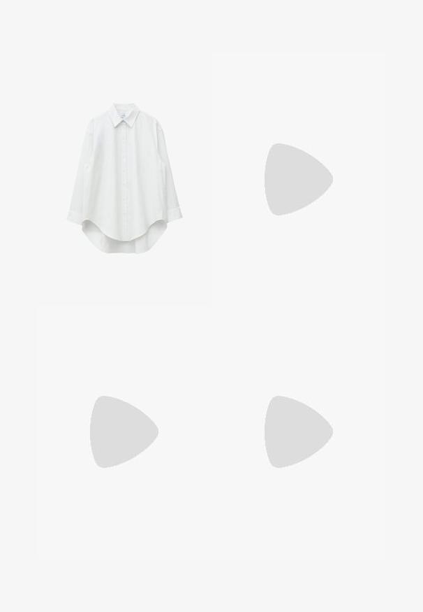 Chemise blanche à manches longues avec de fines rayures verticales, col pointu et ourlet incurvé plus long à l'arrière.; Pantalons larges kaki en coton, dotés d'une taille haute, de poches frontales et d'une fermeture à bouton unique. Texture lisse et coupe droite.; Sandales en cuir noir avec une large bride à motif découpé, semelle plate et texture lisse, adaptées pour un usage décontracté.; Sac à main en cuir crème avec rabat incurvé, fermoir circulaire en argent et poignée courte sur le dessus, sur fond blanc uni.