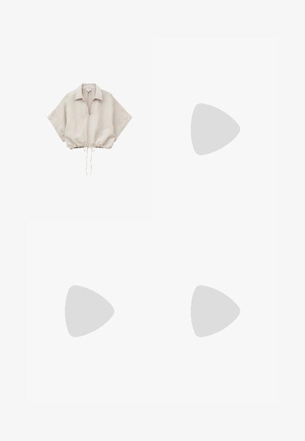 Blusa beige de manga corta con cuello abierto y dobladillo con cordón, hecha de tela ligera.; Pantalones cortos de algodón blancos con una cintura elástica, cordón de ajuste y dos bolsillos delanteros que presentan intrincados diseños bordados.; Sandalia plataforma beige con suela trenzada y parte superior de cuero negro con el logo "CK" en relieve, situada cerca de una mesa circular marrón.; Par de pendientes de aro plateados brillantes de tamaño mediano con cierres metálicos finos sobre un fondo neutro claro.