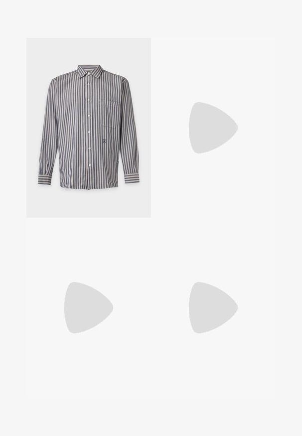 Camisa de manga larga con botones, rayas verticales azules y blancas y un bolsillo en el pecho sobre fondo blanco.; Pantalones marrones de espiga con un corte ajustado, que presentan un cierre delantero de botón y bolsillos laterales, elaborados en una tela texturizada con un ligero brillo.; Mocasín de cuero negro con punta redonda, detalles de costura sutil y un tacón bajo, que presenta una textura suave y un diseño minimalista.; Bolso bandolera de cuero marrón oscuro con textura, correa ajustable y pequeño adorno decorativo azul en el lateral.