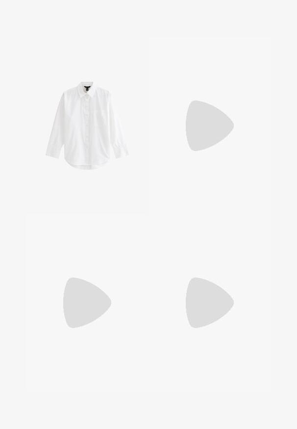 Camisa blanca de manga larga con botones, cuello y bolsillo delantero, mostrada sobre un fondo blanco liso.; Pantalones anchos y negros fabricados en un tejido suave, con dos bolsillos delanteros y una cinturilla plana. Diseño ajustado con una silueta limpia.; Mocasín plano de cuero negro con puntera redondeada y detalle de tira en la parte superior, visto de lado.; Bolso bandolera de cuero negro con bolsillo con cremallera plateada, correa larga ajustable y logotipo de "Liebeskind Berlin" en el frente.