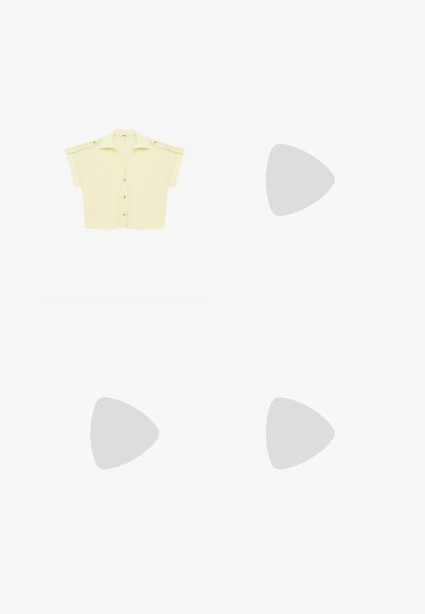Camisa de manga corta color crema con botones, cuello y trabillas en los hombros, mostrada plana sobre un fondo blanco.; Vaqueros de pierna ancha de color azul oscuro, hechos de denim. Cuentan con una cinturilla con cinturón que incluye múltiples botones, bolsillos frontales y un acabado limpio en los dobladillos.; Zapato de tacón alto con textura de cocodrilo negro, con tira trasera y puntera afilada, sobre una superficie plateada brillante acolchada.; Gafas de sol de carey marrón con una forma vintage de ojo de gato y lentes marrones. Presentan brazos curvados con acentos rojos.