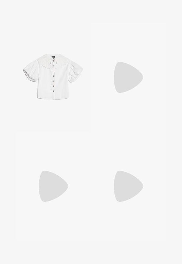 Weiße Bluse mit großem geschwungenem Kragen, goldfarbenen Knöpfen vorne und voluminösen kurzen Puffärmeln.; Hellrosa Rock mit kleinen lila, orangefarbenen und gelben Blumenmustern und verspielten Katzenillustrationen, die über das Stoffmaterial verteilt sind.; Schwarzer Lackleder-Mary-Jane-Schuh mit runder Zehenform, verstellbarem Schnallenriemen, niedrigem Blockabsatz und glatter, glänzender Oberfläche.; Runde schwarze gesteppte Handtasche mit pinkem Rand, pinkem Griff, Reißverschluss mit Quaste und einem Cartoon-Hundegesicht mit herzförmiger Brille und glitzernder Schleife.