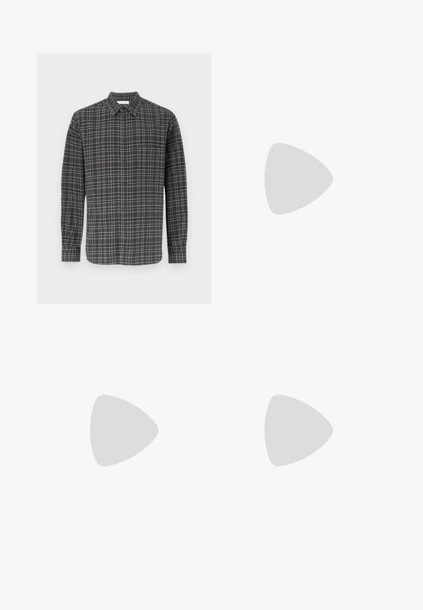 Chemise à carreaux noire et grise à boutons, à manches longues, avec une poche poitrine, un col classique et une texture de tissu léger.; Pantalons droits en velours côtelé noir avec bouton avant, fermeture éclair, passants de ceinture et design à cinq poches sur un fond clair.; Chaussure mocassin en cuir noir présentée en suspension au-dessus d'un tapis beige tissé, avec une table en bois et des livres empilés dans un salon doucement éclairé.; Ceinture en cuir noir roulée avec une boucle métallique argentée rectangulaire sur un fond clair uni.