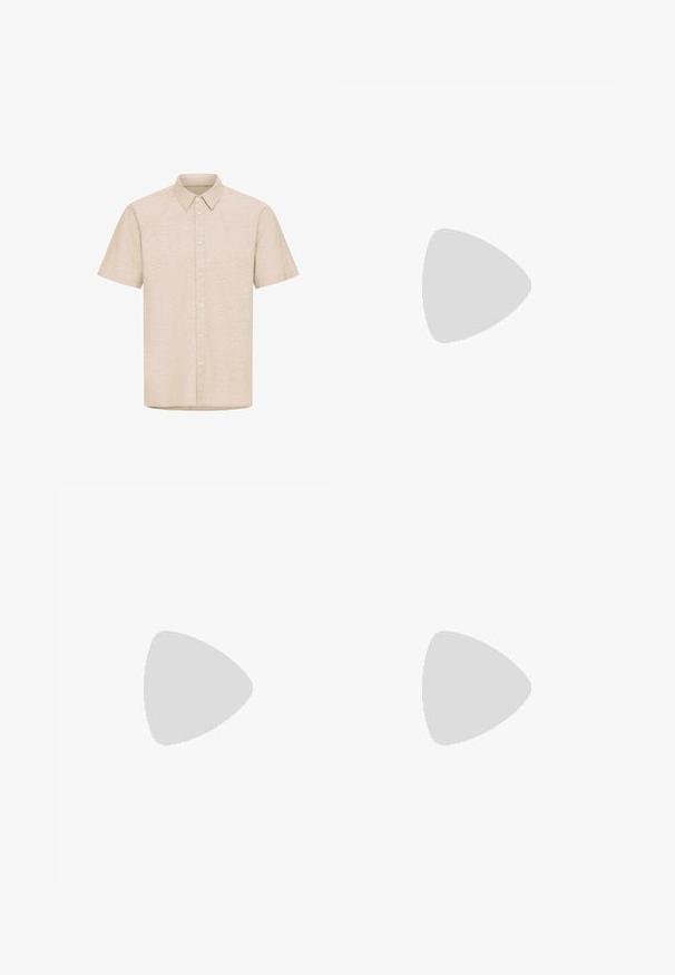 Chemise beige à manches courtes avec col pointu, boutons espacés uniformément sur le devant, design uni, présentée sur fond blanc.; Short beige en coton avec taille élastique et cordon de serrage. Ourlets retournés et texture lisse, présentant des détails de design minimalistes.; Mocassin espadrille en daim marron avec semelle en jute tressée et languette à l'arrière, présenté de profil sur fond blanc.; Ceinture en cuir tressé marron avec une boucle rectangulaire en argent et une section de sangle en cuir lisse près de la boucle. Motif en chevron texturé.