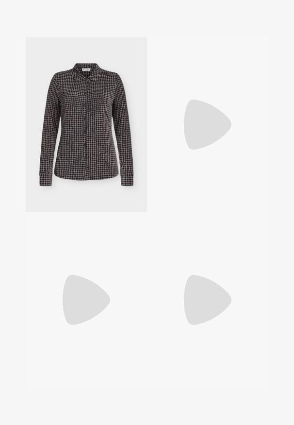 Chemise à manches longues à boutons avec motif à pois noirs et gris et col pointu, présentée sur fond blanc.; Pantalons plissés marron avec une coupe large, dotés d'une taille plate et de poches latérales, fabriqués à partir d'un tissu léger.; Bottine noire en cuir lisse avec un bout pointu et un talon effilé. La tige présente un design légèrement froncé.; Sac bandoulière en cuir noir lisse avec une large sangle unique et un design décontracté et minimaliste sur un fond uni.