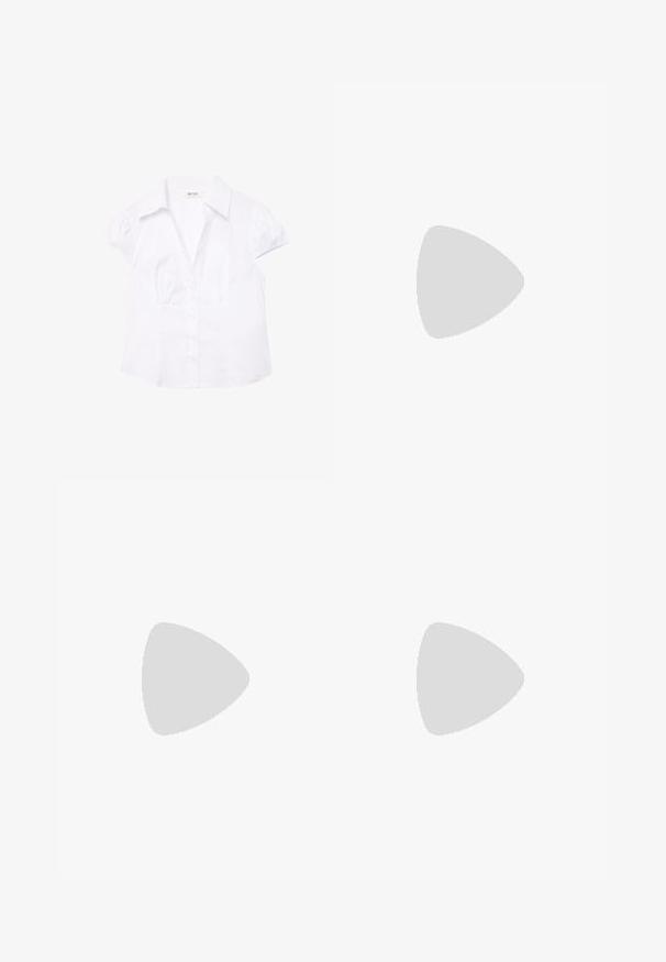 Blouse blanche à manches courtes avec col, fermeture boutonnée à l'avant, et léger froncé au niveau de la poitrine et des manches, présentée sur un fond blanc.; Jean large bleu foncé en denim avec fermeture à bouton et à glissière, cinq poches et coutures jaunes.; Botte en cuir noire montant jusqu'au genou, avec un bout pointu et un petit talon bas, présentée sur un fond clair uni.; Sac cabas en paille tissée avec des poignées tressées et un ruban à carreaux rouge et blanc noué en un nœud d'un côté.