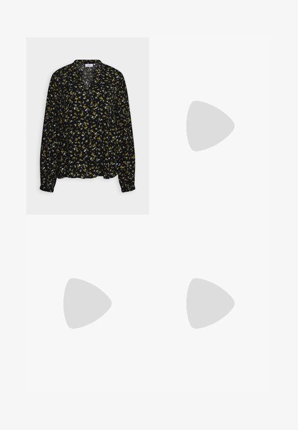 MSCH Copenhagen BELLARIS JALINA  - Langærmet T-shirt - black; Sorte flagrende bukser med en tekstureret linning med metalnitter. Stoffet har en subtil glans og en glat overflade.; Sort lædersko med rund tå, ankelrem og spænde, lav hæl og gul syning langs sålen. Glat tekstur overalt.; Sort håndtaske i krokodillepræget læder med flad krop, justerbar rem og lynlåslukning. Glat tekstur med struktureret form.