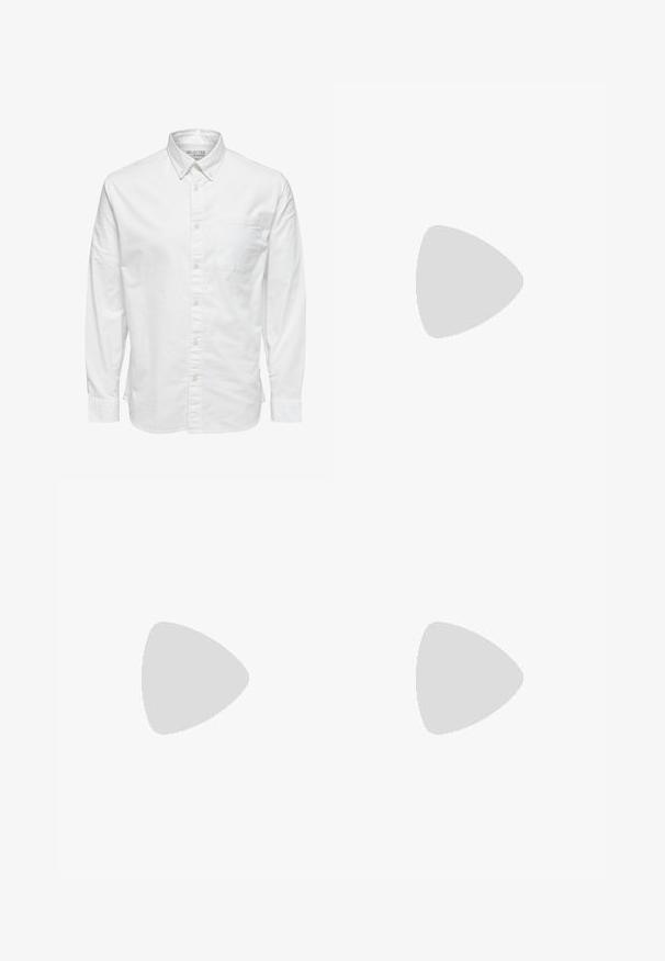 Valge pika varrukaga nööpidega särk, krae ja rinnataskuga, sees krael silt "Selected Homme".; Mustmustriibulised püksid, mis sisaldavad vertikaalseid valgeid pinstribe, kitsast lõike, nupulukk ja vöökonksud reguleeritava suuruse jaoks.; Valge nahast tennis, millel on mustast sametist detailid; omab kummist tallato, ümmargust nina ja klassikalist nööpidega kinnihoidmist. Külgmine logo musta värviga.; Mustast nahkvarras, millel on hõbedane metallist klamber ja üks prong. Sellel on logotähtedega aktsent punases, valges ja sinises värvitoonis klambri lähedal.