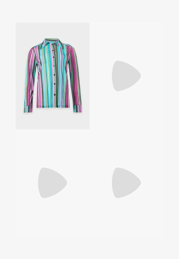 Langærmet skjorte med knaplukning og spids krave med lodrette striber i grøn, turkis, pink, lilla, sort og hvid.; Bukser i mørkeblåt denim med udvidet ben i bunden, prydet med en tonal blomsterprint. Standard fem-lomme design med en frontknap og lynlås.; Sort læder pumps med spids tå, lav unikt formet blokhæl og lyseblåt indre for, vist mod en ensfarvet hvid baggrund.; Sorte ovale solbriller med tonede linser og tynde arme, vist mod en lys baggrund med mærkenavn på stængerne.