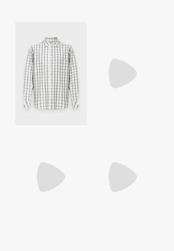 Langærmet skjorte med knapper i hvid, grå og sort ternet mønster og en enkelt brystlomme mod en ensfarvet baggrund.; Sorte bukser med lige pasform, der har en enkelt knaplukning, to for-lommer og en glat, let stofstruktur.; Sort læderloafer med glat finish, spids tå og sømdetaljer over vristen. Lav hæl og minimalistisk design.; Sort faux læderbælte med krokodillemønster og en sølvfarvet rund spænde, snoet på en ensfarvet hvid baggrund.