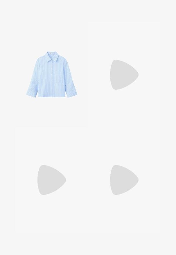 Chemise bleu clair à manches longues, boutonnée, avec de fines rayures verticales foncées et une poche poitrine à l'avant, présentée sur fond blanc.; Pantalon en jean bleu clair à jambes larges, avec plis devant, poches latérales et taille avec passants pour ceinture.; Mule lavande à bout ouvert avec petit talon et nœud décoratif sur la partie supérieure, vue de profil sur fond blanc.; Lunettes de soleil noires avec une monture rectangulaire élégante et des verres bleus. Présente une texture lisse et des branches robustes. Logo de la marque sur le côté.