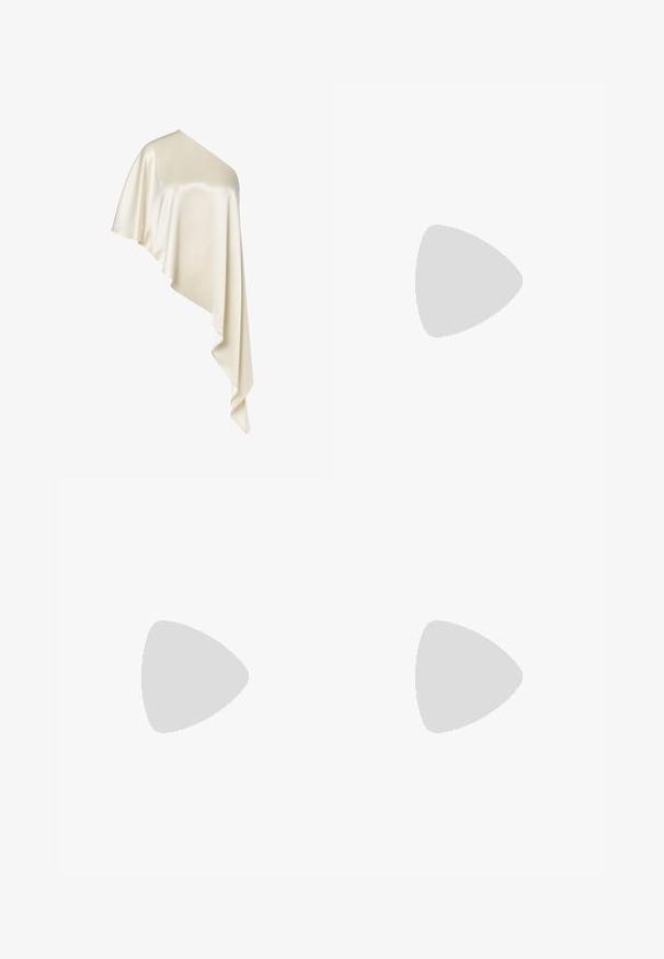 Kremfarvet satin one-shoulder top med asymmetrisk flydende draperet design og længere stof, der hænger på den ene side.; Bredde ben bukser med brune, cremefarvede og turkise lodrette striber. Fremstillet af letvægtsstof med en glat tekstur og elastisk talje.; NA-KD WAVY ELASTIC BOOTS - Plateaustøvler - black/purple; Lille skuldertaske med flerfarvede vævede læderstrimler og en mørkebrun læderkant og strop mod en hvid baggrund.