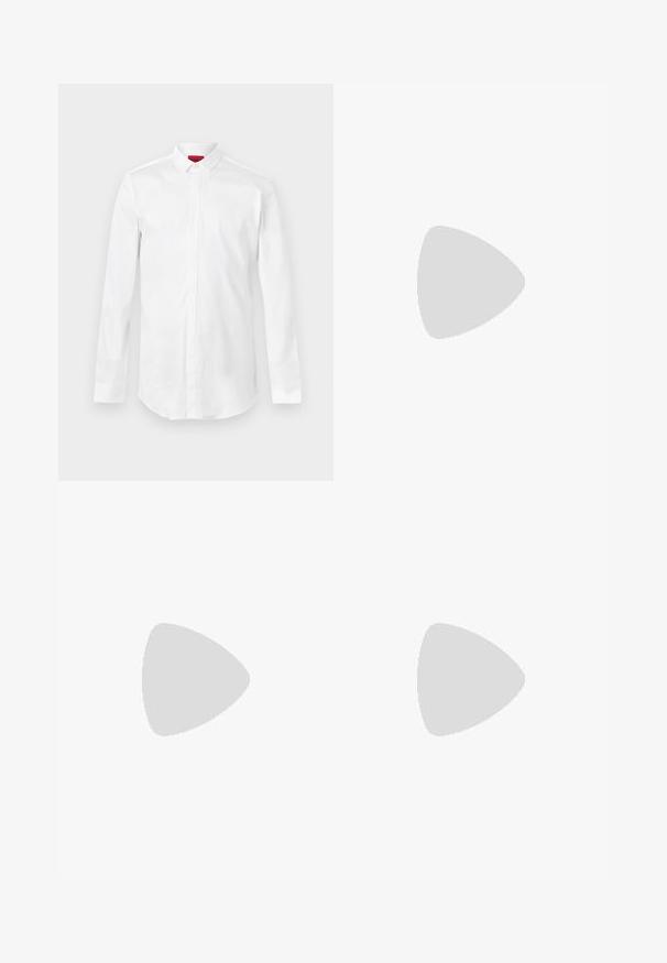 Chemise blanche à manches longues avec col pointu et patte de boutonnage cachée, présentée sur un fond clair uni.; Pantalons noirs fuselés avec une taille élastique et un cordon de serrage. Tissu lisse, design minimal, sans poches visibles ni motifs.; Mocassin en cuir noir au design élégant, doté d'une bande texturée et d'une finition lisse. Présenté sur un fond doux et clair.; Ceinture en cuir noir au toucher lisse, dotée d'une boucle rectangulaire en argent et d'un double détail de broche. Design classique et polyvalent.