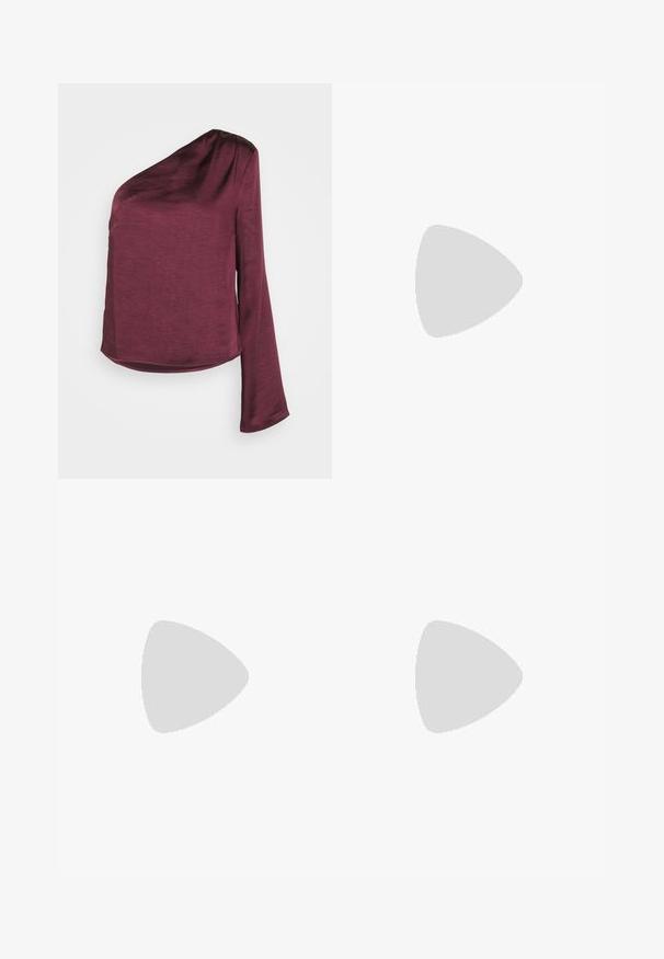Gina Tricot ONE SHOULDER BLOUSE - Blusa - wine tasting; falda lápiz negra con fruncido, detalle de lazo y abertura lateral. Hecha de un tejido elástico, con una textura suave y un diseño ajustado.; Sandalia de tacón alto de ante negro con suela de plataforma, tira en el tobillo con herrajes plateados, diseño de punta abierta y textura suave.; Pendientes de aro de oro con un diseño suave y redondeado y un acabado brillante. Construcción ligera con un cierre de broche seguro.