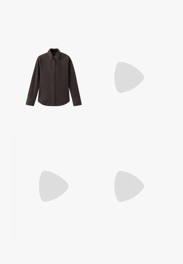 Bruine shirt met lange mouwen, een puntkraag, knoopsluiting aan de voorkant en een borstzak. Soepele stof en een ontspannen pasvorm.; Uitgebreide donkerblauwe spijkerbroek met vervaagde accenten, vijf zakken en een ruwe zoom. Gemaakt van katoen met een knoopsluiting en riemlussen.; Bruine gepolijste leren slingback hakken met een spitse neus, slanke hak en verstelbare gespband. Gladde textuur en glanzende afwerking.; Bruine leren schoudertas met voorflap en gouden gesp, met verstelbare riem met gouden hardware op een witte achtergrond.