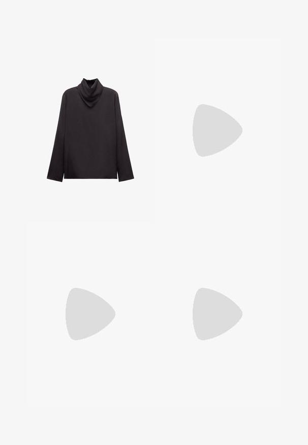 Sort langærmet rullekravebluse med en løs, foldet krave og en lige kant, vist på en hvid baggrund.; Brune faux læder wide-leg bukser med høj talje, der har forlommer og klassisk knaplukning. Glat tekstur og mat finish.; Vinsorte knæhøje støvler i skinnende patentmateriale. Har spidse tæer og kitten-heels med lodrette linjer på skaftet.; Lille rødbrun læder crossbody taske med tynd justerbar rem, vist fladt mod en hvid baggrund.