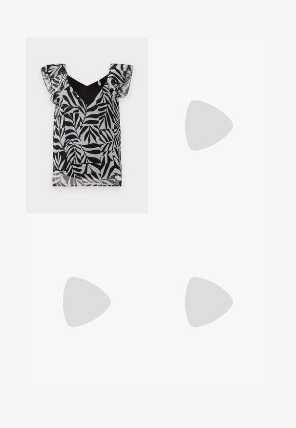 Bluse mit schwarz-weißem Blättermuster, transparenten Rüscheärmeln und V-Ausschnitt. Hergestellt aus leichtem Stoff mit glatter Textur.; Schwarzer, gefalteter Rock mit Seitenschnüren, hergestellt aus einem glatten Stoff; verfügt über ein strukturiertes Design und klare Linien.; Schwarze Lackleder Slingback-Pumps mit spitzem Zehenbereich, schlankem hohen Absatz und doppeltem elastischen Riemen für einen sicheren Sitz. Glatte, glänzende Oberfläche.; Kleine schwarze glänzende Handtasche mit zwei langen Griffen und seitlichen Kordelzug-Details vor einfachem hellem Hintergrund.