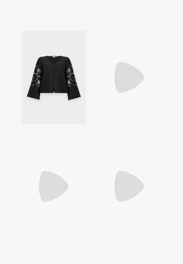Zwarte blouse met lange mouwen en knopen, een V-hals en witte bloemrijke borduursels op brede, licht opgepofte mouwen.; Zwarte rok met een bloemenpatroon, gladde textuur en een getailleerde pasvorm. Heeft een tailleband en een rechte snit met een lichte flare.; Zwarte leren ballet flats met een spitse neus, uitsparingen en dunne veters die rond de enkel wikkelen; gladde textuur.; Kleine zwarte glanzende handtas met twee lange hengsels en zijkant trekkoord details op een effen lichte achtergrond.