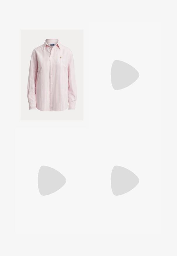 Camisa de manga larga con botones en rosa claro con rayas blancas y azules, con un pequeño logo bordado en el pecho, hecha de tela de algodón.; Pantalones beige de talle alto y corte recto con botón y cremallera delanteros, bolsillos delanteros y traseros, mostrados sobre un fondo liso.; Sandalia plana negra con un diseño minimalista. Presenta tiras delgadas, un separador de dedos, acentos de hardware dorado y una suela suave y texturizada.; Tory Burch KIRA FLOWER STUD - Pendientes - gold-coloured