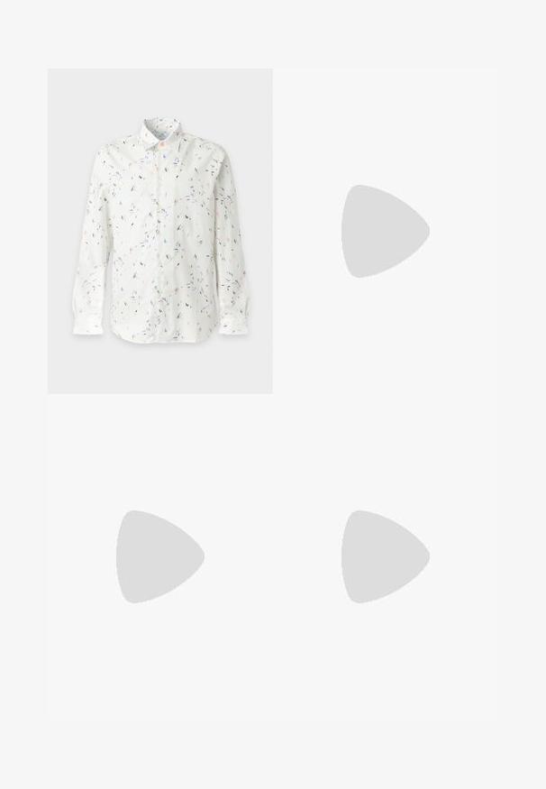 Chemise blanche à manches longues boutonnée avec de petits motifs abstraits multicolores dispersés de coups de pinceau et un col classique.; Jean en denim gris à coupe droite, avec poches avant, coutures visibles et finition décolorée. Le matériau a une texture lisse.; Mocassins en cuir noir avec un design de style mocassin, présentant une bande décorative et un détail de couture sur le dessus. Talon bloc bas.; Sac bandoulière en cuir marron clair avec sangle réglable et fermeture éclair, présenté sur un fond clair uni.