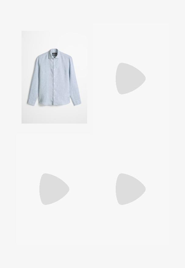 Camisa de manga larga azul claro con botones al frente y cuello clásico, confeccionada en tela texturizada, exhibida sobre un fondo liso.; Pantalones azul claro de tela texturizada, con pierna recta, cierre de botón y un pequeño diseño bordado en el lateral.; Mocasines de cuero blanco con un acabado suave, que presentan un acento cosido, una punta redondeada y una suela de goma negra para mayor agarre.; Cinturón de cuero marrón con un acabado liso, que presenta una hebilla de metal plateado y costuras sutiles a lo largo de los bordes. Diseño clásico y duradero.