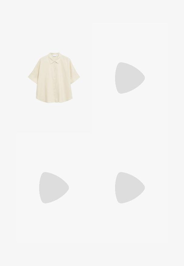 Beige overhemd met korte mouwen en knopen, puntige kraag, losse pasvorm en lichtgewicht stof.; Olijfgroene, losse broek met een elastische tailleband en trekkoord, voorzien van zijzakken en een lichtgewicht, gestructureerde stof.; Bruine leren platte sandaal met gekruiste bandjes en een verstelbare gesp slingback op een dunne zwarte zool.; Bruine leren handtas met een gebogen klep, bovenste handvat en verstelbare schouderriem tegen een effen achtergrond.