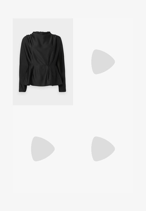 Schwarze Bluse mit langen Ärmeln und Peplum-Taille. Glattes, satinähnliches Material mit hohem Ausschnitt und einem verdeckten Reißverschluss hinten.; Schwarzer Satin-Midi-Rock mit glatter Textur, ausgestellt am Saum und mit einem taillierten Bund, der ein einfaches, klassisches Design aufweist.; Schwarze Lackleder Slingback-Pumps mit spitzem Zehenbereich, schlankem hohen Absatz und doppeltem elastischen Riemen für einen sicheren Sitz. Glatte, glänzende Oberfläche.; Schwarze Lederhandtasche mit abgerundeter Form, verziert mit silbernen Nietenakzenten und kurzem Griff. Glatte Struktur und Reißverschlussverschluss.