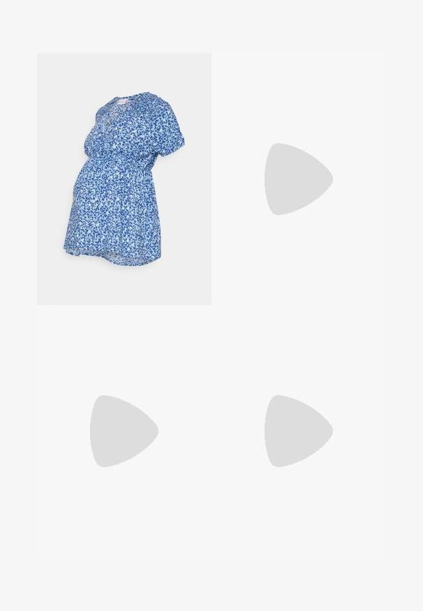 MAMALICIOUS MLDEE TESS TOP - Camiseta estampada - azure blue; Leggings de maternidad negros con una cinturilla alta y de soporte, textura suave, diseño ajustado y sin patrones ni adornos visibles.; Las mulas de cuero negro con punta abierta cuentan con una amplia tira frontal y un chunky tacón alto con una textura suave. Se muestra la vista lateral.; Pendientes de aro en tono dorado con un acabado suave y pulido. Presentan una forma de medio círculo y un cierre de poste seguro.