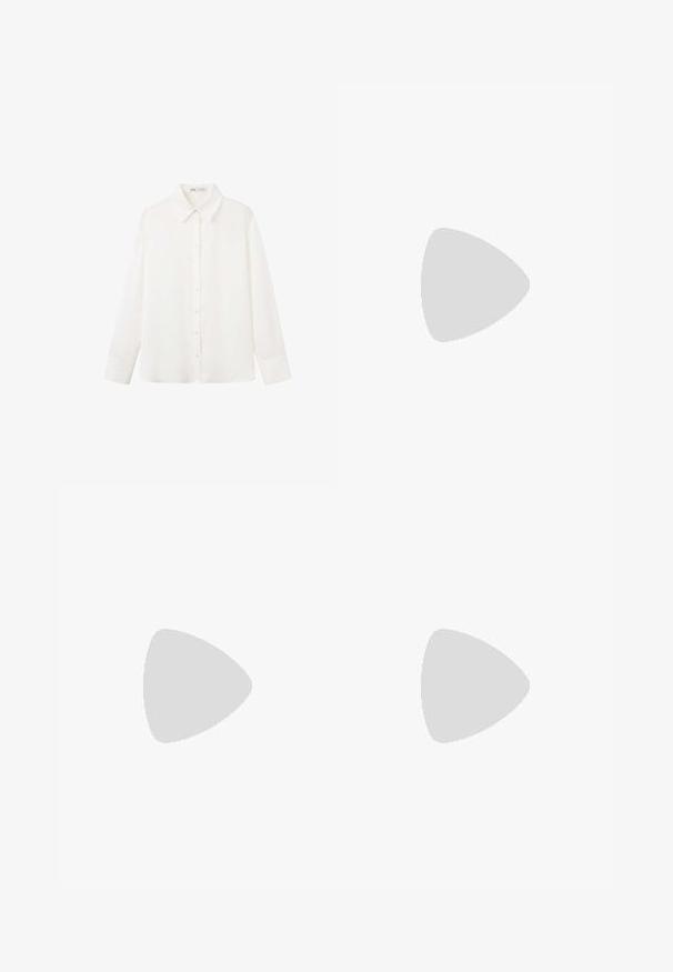 Wit overhemd met lange mouwen en knopen, met een puntige kraag en brede manchetten, van een effen, gladde stof.; Olijfgroene, wijde broek met een elastische tailleband en twee voorkeuzes. Soepele stof met een minimale textuur en een ontspannen pasvorm.; Bruine suède open-toe mule met een middelhoog, gebogen houten hak en slip-on ontwerp op een witte achtergrond.; Zachte donkerbruine leren handtas met een slungelige vorm en twee dunne schouderbandjes tegen een witte achtergrond.