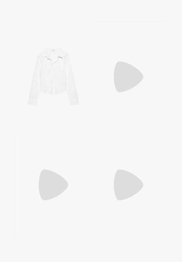 Chemise blanche à manches longues avec col, taille légèrement cintrée et poignets boutonnés, présentée sur fond blanc.; Pantalons larges noirs avec une texture lisse. Dotés d'une taille ajustée, de passants de ceinture et de poches avant.; Botte western en cuir noir mi-mollet avec bout pointu et talon bloc superposé, avec languette de tirage et coutures décoratives discrètes.; Lunettes de soleil noires en forme d'œil de chat avec des verres gris foncé, monture en plastique élégante, coins pointus et branches droites. Pas de métal visible ni d'accents.