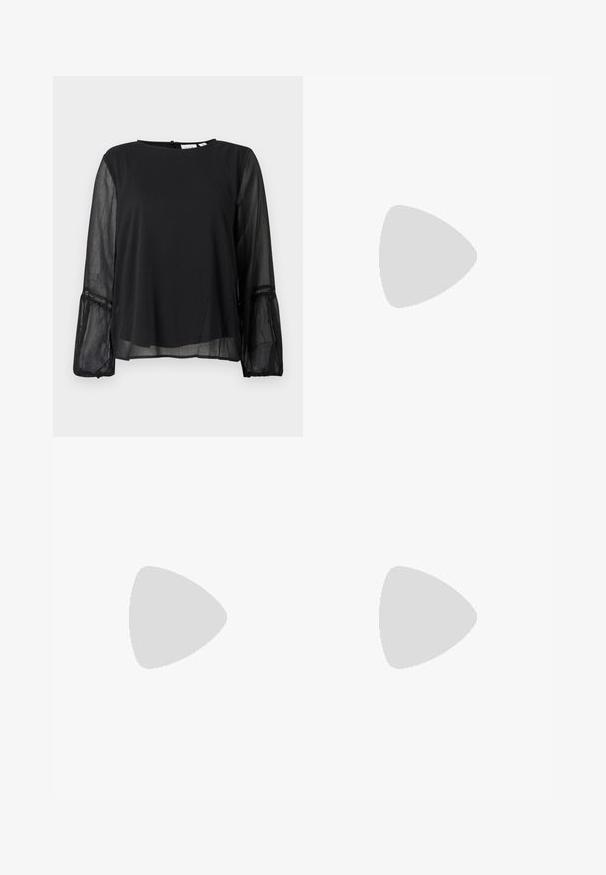 Blusa negra con cuello redondo y mangas largas semitransparentes. Presenta una tela texturizada y detalles de encaje en los puños.; falda lápiz de cuero negro con un diseño ajustado, textura suave y acentos de cintura elástica a ambos lados. Dobladillo recto en la parte inferior.; Zapato de tacón con tirante en negro de charol, punta afilada, tacón alto y delgado, y doble tira elástica para un ajuste seguro. Superficie suave y brillante.; Bolso negro con textura de cocodrilo, borde superior fruncido, asa recogida y cordones con borlas en cada lado sobre un fondo blanco.