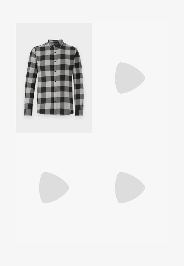 Schwarz und grau kariertes Langarmhemd mit Knopfleiste. Verfügt über einen Kragen und schwarze Knöpfe. Hergestellt aus einem weichen, strukturierten Stoff.; Schwarze, gerade geschnittene Hose mit glatter Textur, ausgestattet mit einem Kordelzugbund und einem subtilen, leichten Stoff.; Schwarzer Lederloafer mit dicker, profilierter Sohle und Pennyriemen-Detail, von der rechten Seitenansicht auf weißem Hintergrund gezeigt.; Schwarze Nylon-Umhängetasche mit verstellbarem Riemen, flachem Design und seitlichem Etikett mit Logo. Glatte Textur und minimalistischer Stil.