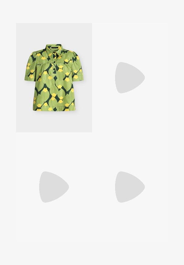 Green short-sleeve blouse with a collar, black buttons, and a large yellow and dark green floral pattern.; Beige wide-leg pants with large floral print featuring cream petals and green centers, displayed on a plain light background.; Beige ballerina flat with a pointed toe, bow detail, and elasticized edging. Smooth material and minimalistic design, flat sole.; Rectangular bag with yellow and black floral pattern and braided yellow and pink handle on white background.