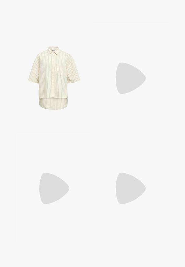Camisa de manga corta color crema con botones, con finas rayas negras verticales, bolsillo frontal en el pecho y dobladillo ligeramente curvado.; Pantalones de lino beige de pierna ancha con cinturilla de cordón y pliegues frontales, con una textura suave y corte a la altura del tobillo.; Chancla con una parte superior metálica ligera, plantilla de corcho y suela de goma texturizada en marrón. Detalle de hebilla con acento de logo.; Bolso de paja tejido con forma de media luna, que cuenta con una correa y acentos de cuero marrón. Textura de color natural con bordes suaves.