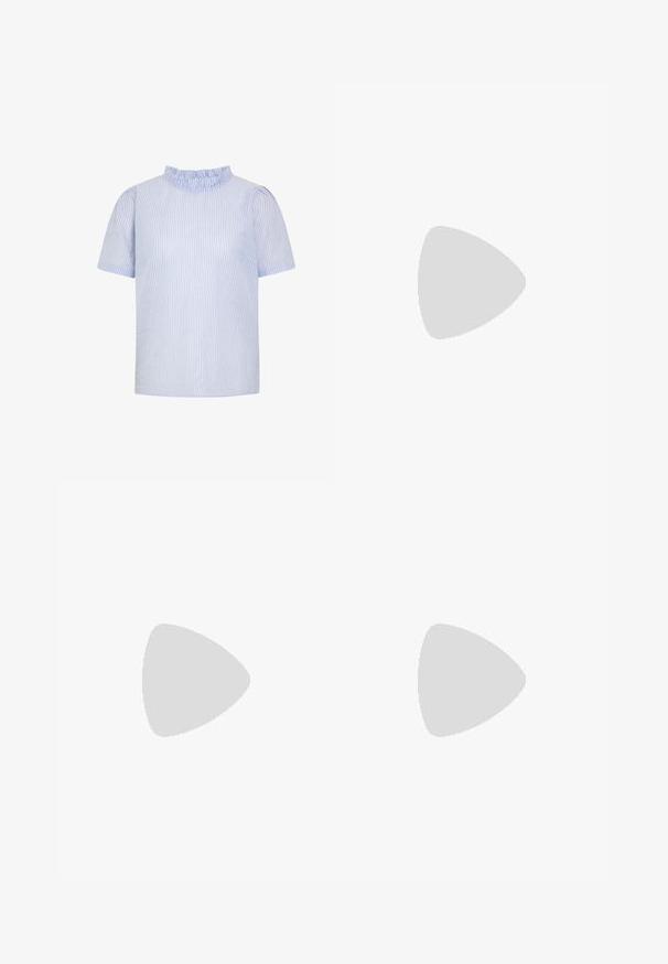 Blusa de manga corta con rayas verticales azul claro y blancas, cuello alto con volantes, ajuste suelto y textura de tela suave.; Denim blanco con una etiqueta de cuero que presenta texto en relieve, incluyendo "LEVI STRAUSS & CO.", y costuras detalladas en los bolsillos traseros.; Mocasines de ante beige con punta redondeada, con detalles de costura y suela de goma que presenta pequeños salientes para tracción. Vista lateral.; Gafas de sol estilo ojo de gato con montura de carey negra y naranja, lentes marrones y puntas elegantes y afiladas. Presenta un logo minimalista en la patilla.