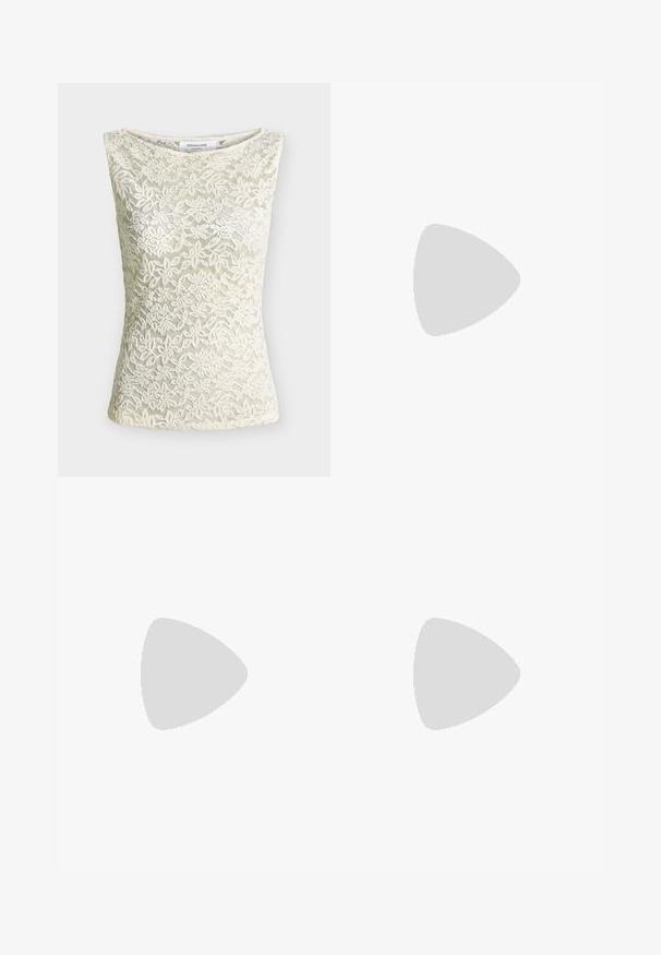 Haut sans manches beige en dentelle avec motif floral, encolure ronde et silhouette ajustée.; Pantalons argentés texturés avec une coupe décontractée. Présentent une taille avec cordon de serrage et un léger éclat. Design à jambe droite sans embellissements supplémentaires.; Mule beige à bout ouvert avec côtés en mesh transparent, petit talon kitten bas et un petit nœud sur la bride avant.; Pochette bleu marine avec motif géométrique doré, fermeture éclair et bandoulière noire amovible. Finition texturée avec une forme rectangulaire élégante.
