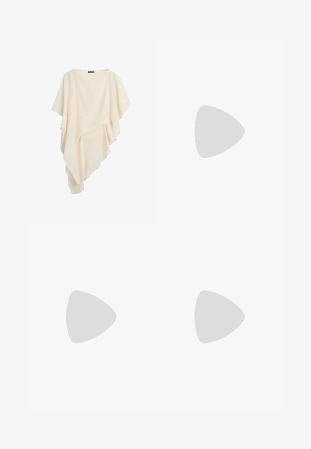 Poncho asymétrique couleur crème avec une coupe ample et des couches drapées, en tissu léger.; Deux jupes longueur genou : une noire et une kaki. Les deux présentent une taille élastique et un design fluide avec un tissu doux et texturé.; Mules en cuir marron et noir à enfiler, bout pointu et talon bas incliné, avec des surpiqûres décoratives et des accents ondulés en daim sur le dessus.; Sac d'épaule en cuir marron avec motif tressé, forme courbée et bandoulière réglable sur fond blanc.