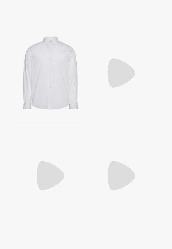 Chemise blanche à manches longues en coton. Comprend un col classique, une patte de boutonnage à l'avant avec boutons, et un ourlet arrondi. Logo discret de la marque.; Pantalon tailleur bleu marine avec passants de ceinture, fermeture éclair devant et coupe droite sur fond blanc uni.; Chaussure habillée en cuir noir à lacets flottant au-dessus d'un tapis beige, avec une table ronde orange en arrière-plan.; Sac à main en cuir noir avec deux poignées, une bandoulière détachable et une poche zippée à l'avant. Présente une surface texturée et un détail de logo subtil.