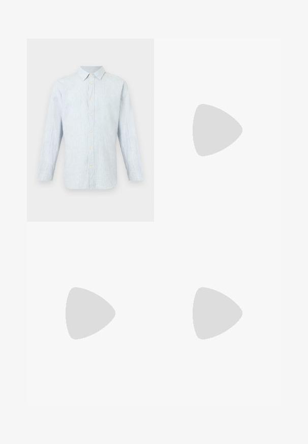 Chemise à manches longues à rayures verticales bleu clair et blanches avec col et poignets boutonnés.; Shorts blancs texturés mi-genoux avec taille élastique et cordon, dotés de poches latérales et d'une coupe décontractée.; Baskets en toile marine avec fermeture lacée blanche, accents marron et détails de bande latérale. Dotées d'une semelle en caoutchouc et d'une couture contrastante.; Collier de perles et bracelet assorti avec fermoirs en chaîne argentée disposés sur un fond blanc.