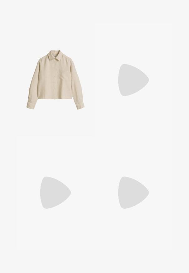 Beige linnen overhemd met lange mouwen, knopen aan de voorkant, borstzak aan de linkerzijde, klassieke kraag en geribde manchetten met knopen.; GANT BLEND PULL ON PANTS - Broek - eggshell; Bruine platte sandaalslippers van soepel leer met een kruissprayontwerp, met een vlakke zool en een minimalistische stijl.; Beige geweven tote tas met open gebreid patroon, stevige bodem, twee schouderriemen en kleine ronde knoopsluiting bovenaan in het midden.