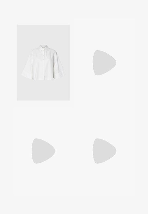 Hvid skjorte med knapper, med brede trekvartærmer og klassisk krave, vist fladt på en lys grå baggrund.; Marks & Spencer PURE FRONT BERMUDA - Shorts - beige; Brun læder tåsandal med brede stropper og flad sort sål, vist i sideprofil på hvid baggrund.; Sorte solbriller med grønne linser, rund form, guld accenter og tykke matte sorte stel. Har buede arme og subtil branding.