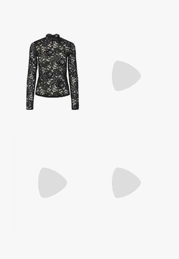 Top de encaje negro de manga larga con cuello alto y ribete con volantes, patrones florales y una textura transparente. Diseñado para un ajuste ceñido.; Falda de tul negro en capas con cinturilla elástica y un diseño en cascada con longitudes variables y sutiles toques de purpurina.; Bota de cuero negro hasta la rodilla con múltiples hebillas y ojetes plateados, con punta redonda y un tacón bajo en bloque. Acabado texturizado.; Broche en forma de estrella en metal de tono plateado con rhinestones transparentes. El diseño central presenta un emblema circular con un detallado intrincado.