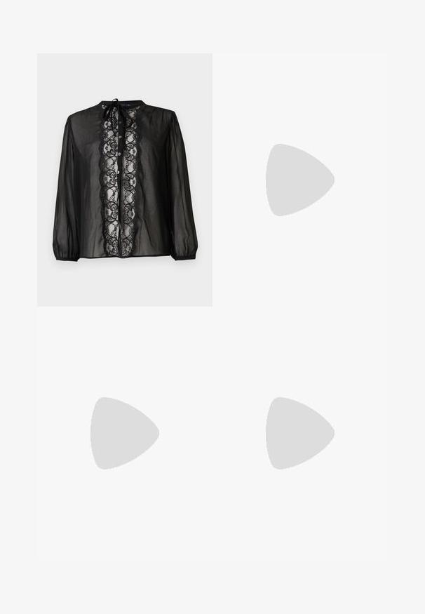 Zwarte doorschijnende blouse met een kanten paneel aan de voorkant, een ronde hals met strik, en lange mouwen met elastische manchetten. Knopen aan de voorkant.; Sister Jane BIRDIE BOW MIDI SKIRT - A-lijn rok - black; Zwarte leren kniehoog laars met een ronde neus, een lage hak, zijgespen als accent en een treklus achteraan.; Bruine leren cropped bustier met veter aan de voorkant, zilveren oogjes, drukknopen en verstelbare schouderbandjes met metalen gespen.
