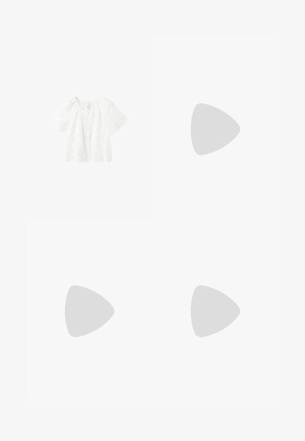 Blouse blanche à manches courtes avec motifs floraux en ajourage, bords festonnés et fermeture à nouer sur le devant, présentée sur un fond uni.; Jupe midi blanche avec ceinture élastique et broderie florale ajourée le long de l'ourlet festonné.; Sandales à lanières beige, au design minimaliste avec des fines lanières et un petit talon carré. Les semelles sont lisses avec une légère texture.; Sac à main en paille tissée avec des poignées arrondies bordées de noir et une forme large légèrement trapézoïdale sur fond blanc.