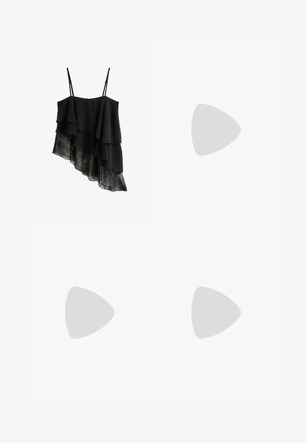 Top caraco noir asymétrique à couches avec bretelles fines réglables et détails en dentelle à l'ourlet.; Pantalons larges noirs avec une taille plate, comportant des plis à l'avant et une texture lisse. Pas de poches ni de matériel visible.; Sandale plate noire style flip-flop avec une fine bride en Y et une semelle lisse, vue de côté sur fond blanc.; Lunettes de soleil noires avec des montures ovales, des verres teintés foncés et "vogue" imprimé en blanc sur les branches extérieures. Matériau en plastique lisse.