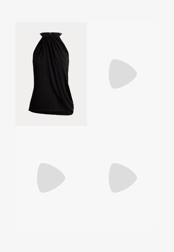 Top negro sin mangas con cuello halter, detalle de tela drapeada y cierre de cremallera en la parte trasera del escote.; Leggings negros hechos de tela elástica, con una cintura alta y un pequeño logotipo impreso en una pierna. Textura suave, diseño ajustado.; Zapatilla blanca de caña baja con suela gruesa, cordones grises con patrón, lengüeta metálica plateada en el talón y el logo "Furla" en el lateral.; Pendientes de aro de plata con un acabado pulido, que presentan una forma circular y un cierre de gancho. Textura suave con detalles mínimos.