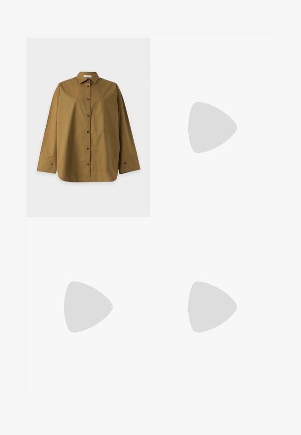 Long-sleeve brown button-up shirt with a collar and chest pocket, displayed flat on a light gray background.; Pleated skirt with an elastic waistband featuring a scenic print of trees, buildings, a river, and a small boat in blue, green, and beige tones.; Filippa K REY FLATS - Ballet pumps - bright red; Small light blue leather coin purse with silver metal kiss-lock clasp and short wrist strap on a plain background.